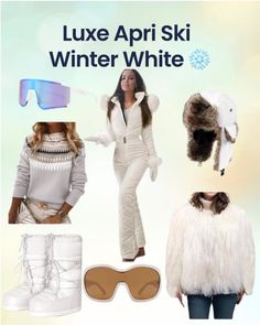 Collection of white winter and ski-themed clothing and accessories
