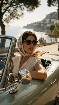 Woman in a head scarf and sunglasses driving a convertible on a coastal road