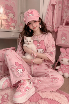 Woman in a pink My Melody outfit holding a white cat in a pink room