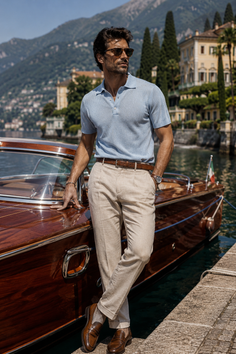 Man in a polo shirt and sunglasses standing by a wooden boat on a lake