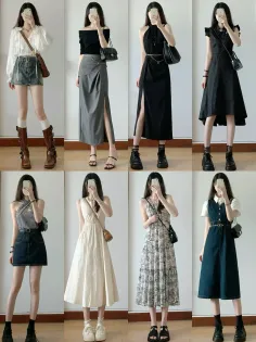 Eight women in different casual outfits standing against a white background
