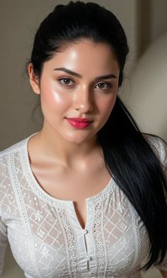 Woman with black hair and pink lipstick wearing a white embroidered top