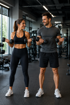 Man and woman in athletic wear lifting dumbbells in a gym