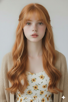 Woman with long red hair and green eyes wearing a sunflower dress and cardigan