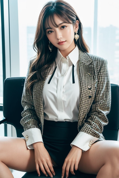 Woman in a plaid blazer and mini skirt sitting indoors