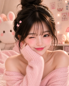 Woman in a pink off-shoulder sweater winking in a soft pink room