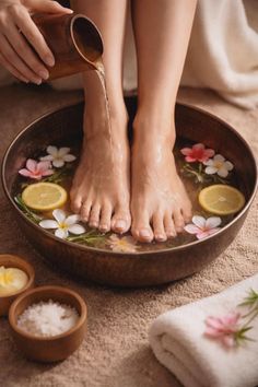 Person's feet soaking in a copper bowl with flowers and lemon slices