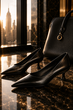 Black high heels and handbag on a marble table with a cityscape at sunset