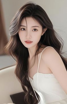 Woman with long dark hair wearing a white top, looking at the viewer