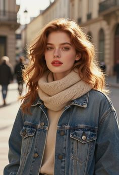 Woman with red hair wearing a denim jacket and knitted scarf on a street