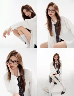 Woman in an oversized white shirt and tie posing on a white background