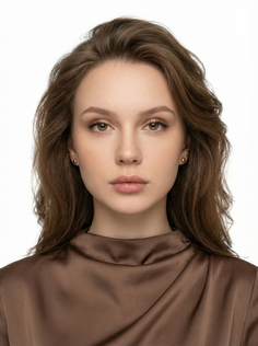 Woman with long brown hair wearing a brown top and gold earrings