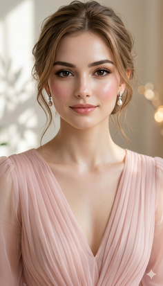 Woman in a pink dress with an updo hairstyle and pearl earrings