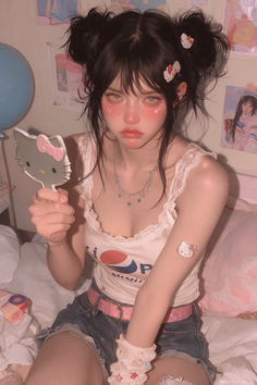 Illustration of a girl with messy buns and pink blush holding a Hello Kitty mirror