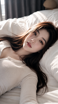 Woman with long hair lying on a bed in a sunlit bedroom