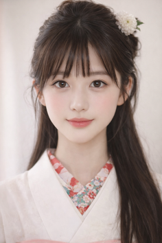 Woman with long brown hair and a white flower in her hair, wearing a floral top
