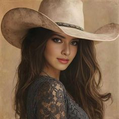 Woman with long hair wearing a cowboy hat and a lace top
