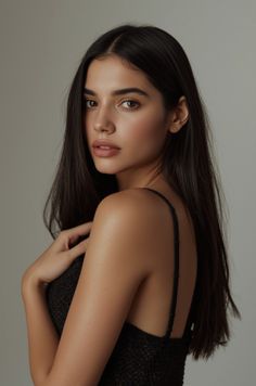 Woman with long dark hair wearing a black top in a studio portrait