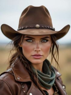Woman in a cowboy hat and brown leather jacket looking directly at the viewer