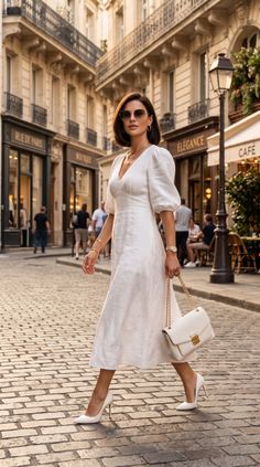 Woman in a white dress and sunglasses walking on a cobblestone street