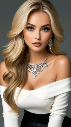 Blonde woman with blue eyes wearing an off-shoulder top and jewelry