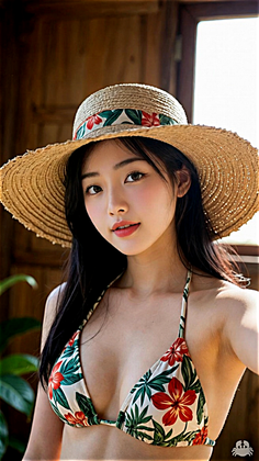 Woman in a straw hat and floral bikini top with soft lighting