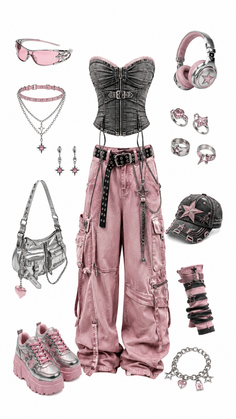 A complete Y2K-inspired outfit featuring pink cargo pants and a denim corset