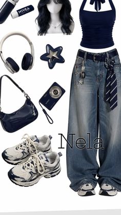 Fashion flat lay with wide leg jeans, navy top, sneakers, and accessories