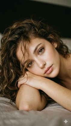 Woman with curly hair and green eyes resting her head on her arm