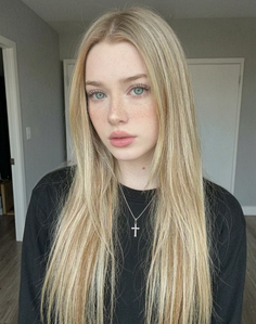 Woman with long blonde hair and freckles wearing a cross necklace indoors