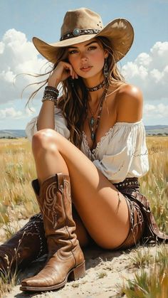 Woman in a cowboy hat and boots sitting in a field
