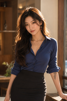 Woman with long hair in a blue shirt and black skirt indoors with soft lighting