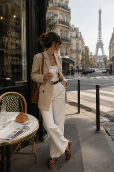 Woman in a blazer and white pants standing outside a cafe with the Eiffel Tower in the background