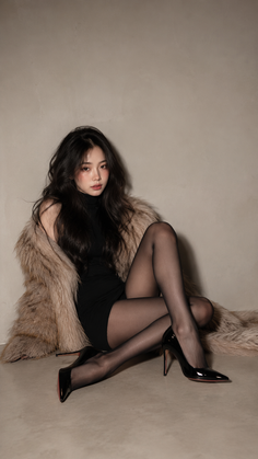 Woman in a black dress and fur coat posing indoors