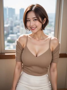 Woman with short brown hair and an off-shoulder top smiling indoors