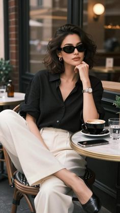 Woman with short hair and sunglasses sitting at an outdoor cafe