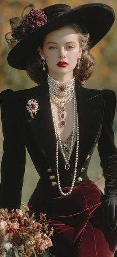 Woman in a black hat and velvet jacket with pearl necklaces and red lipstick