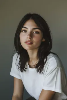 Woman with dark hair and freckles wearing a white t-shirt, captured in soft natural light