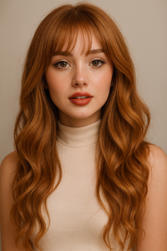 Woman with long red hair and bangs wearing a light-colored turtleneck