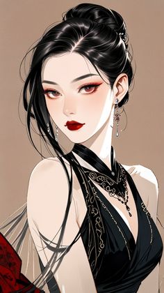 Illustration of a woman with black hair and red lipstick wearing a black dress