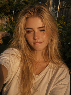 Blonde woman winking and biting her lip in soft golden hour light