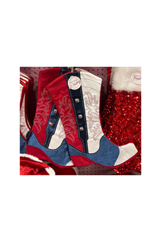 Red, white, and blue cowboy boot shaped Christmas stockings with sequins