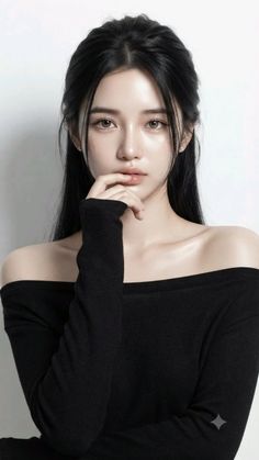 Woman with long black hair wearing an off-shoulder top, hand near her mouth