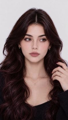 Woman with long dark wavy hair wearing jewelry, looking to the side