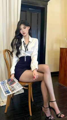 Woman with long dark hair wearing a white shirt and mini skirt, sitting indoors