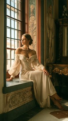 Woman in an off-shoulder long dress sitting by a window in a grand room