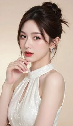 Woman in a white sequin dress with an updo hairstyle and earrings