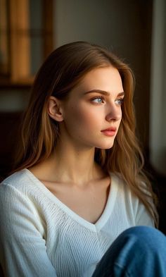 Woman with long hair and blue eyes in a white shirt, looking out a window