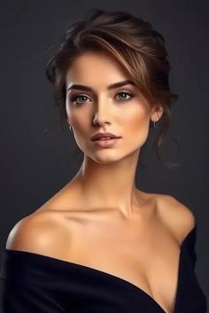 Woman with an updo hairstyle wearing an off-shoulder top with visible cleavage