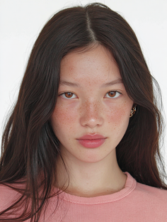 Woman with long dark hair and freckles wearing a pink top